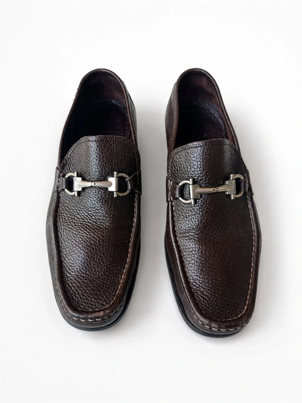 Salvatore Ferragamo Dark Brown Pebbled Leather Bit Loafers